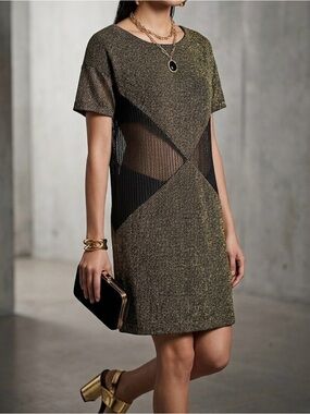 Donna Ricco Black Gold Short Sleeve Shift Dress 80s Disco Studio 54 Size 12